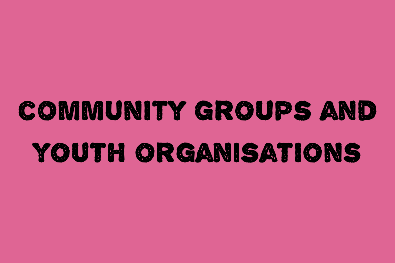 pink background with title &quot;community groups and youth organisations&quot;
