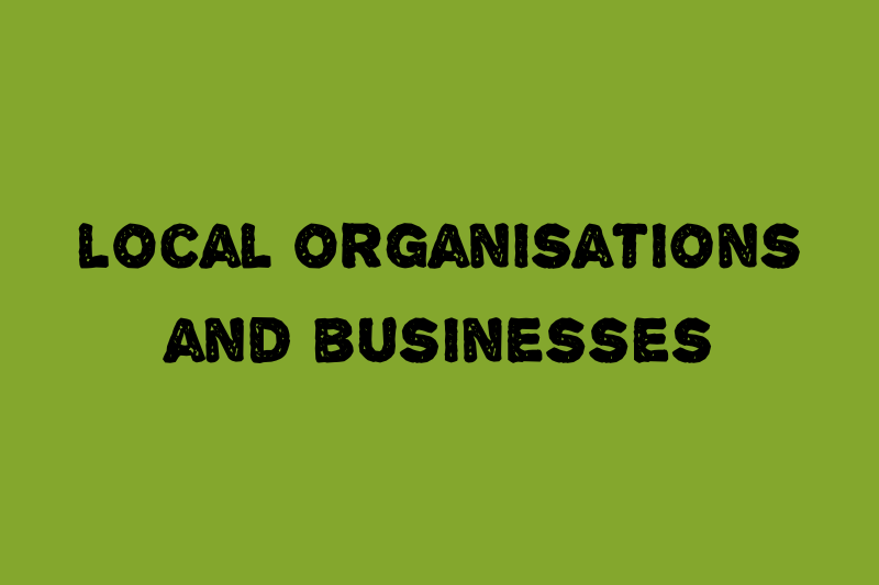 dark green back ground with title &quot;Local organisations and businesses&quot;