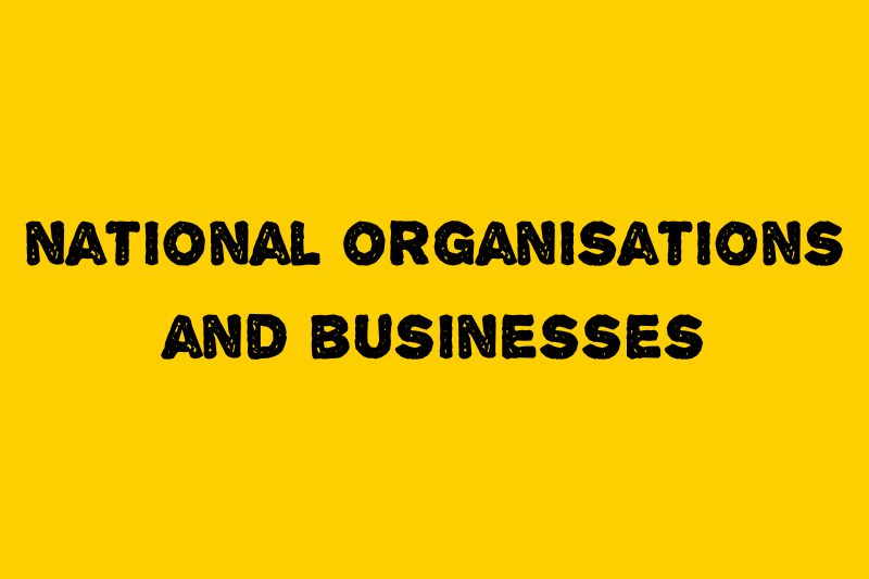yellow background with the the title "National organisations and businesses"