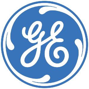 Cursive font of the letter G and E. in a blue circle