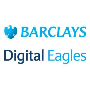 barclays bank logo in light blue, with their bird crest logo. the text below 'digital eagles' in two different shade of blue.