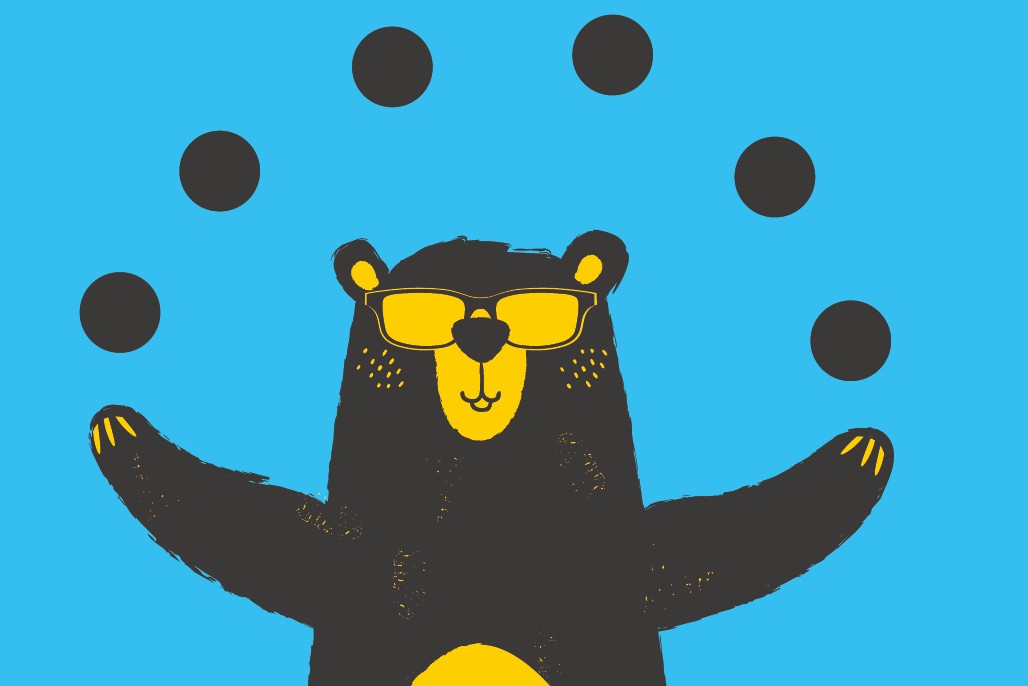 cartoon bear juggling six small balls. on a light blue background.