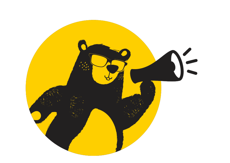 Yellow circle with a illustrated bear holding a megaphone in dark grey.