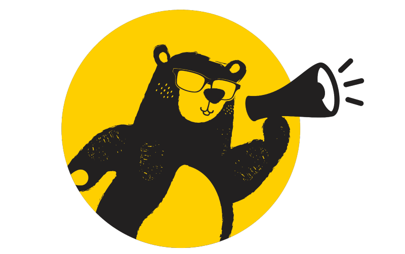 Yellow circle with a illustrated bear holding a megaphone in dark grey.