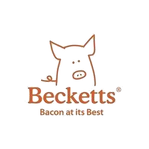 cartoon pig outline about Becketts food text in orange.