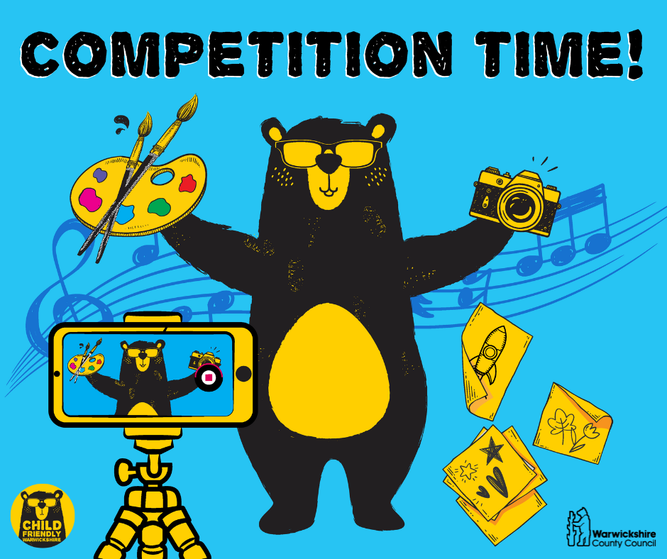 Competition Time! CFW bear on blue background surrounded by artistic elements - a paint palette, a tripod and mobile, sketches on paper and a camera.