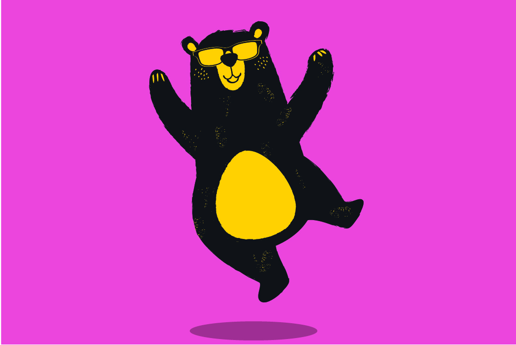 jumping cartoon bear on a pink background