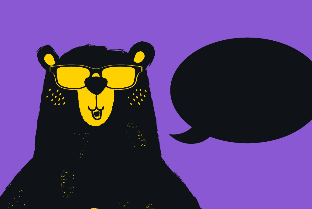 cartoon bear with an empty speach bubble coming form it&#039;s mouth on a purple background