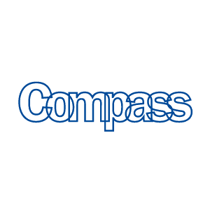 Blue text &#039;compass&#039; in an outlined font overlapping each letter slightly.