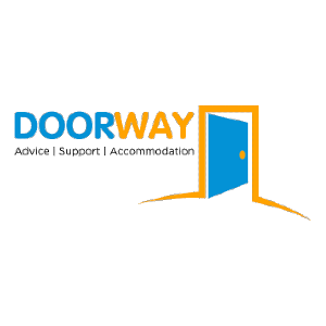 Text &#039;Doorway&#039; next to an illustration of a blue door in an orange frame.