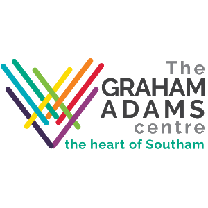 Multi-coloured abstract arrow shape with logo text of Graham Adams centre.