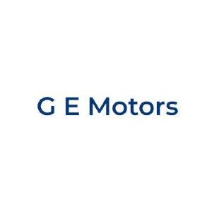 blue text on a white background "G E Motors"