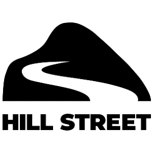 a outline of a hill in black with a white path winding up the middle. big block text underneither "Hill Street"