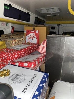 Donated Christmas presents filling ambulance number 6, funded by local donations and on its way to Ukraine in time for Christmas. © Leamington Polish Centre.