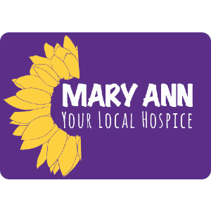 Half a sunflower surrounding the left side of the text &#039;Marry Ann your local hospice&#039;