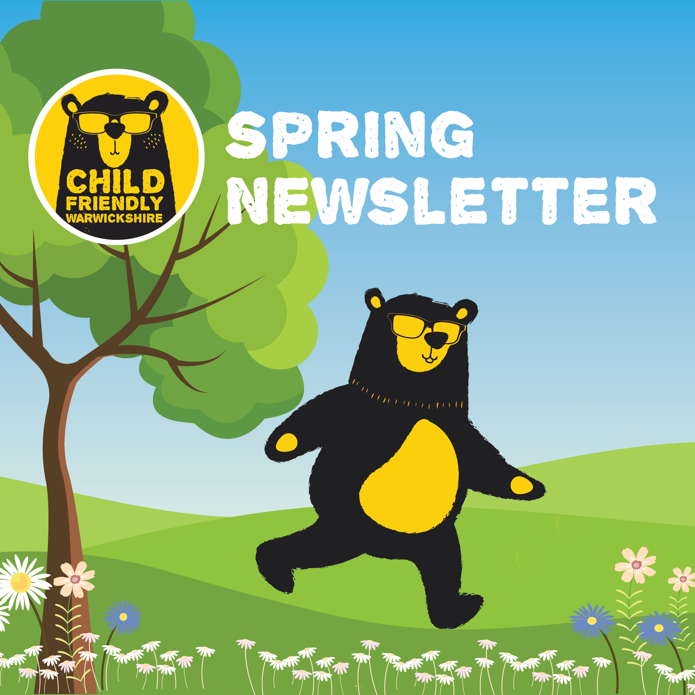 Spring newsletter promotional image of a bear walking in a spring field