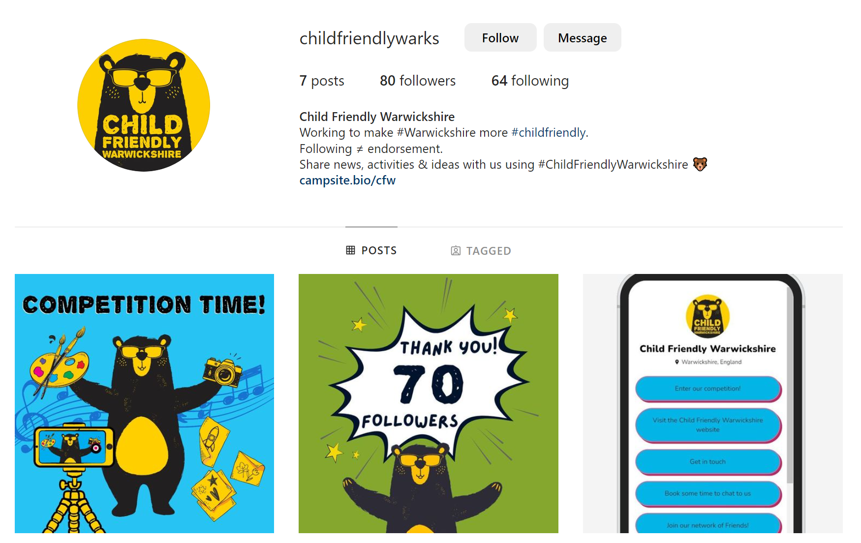 Screenshot of the CFW Instagram channel showing our bio, followers and three most recent posts.