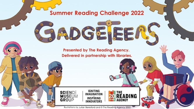 Summer reading Challenge image of six children with phones, books and gadgets.