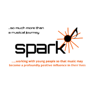 Music note at the end of the word 'spark' with orange flecks surrounding it like sparks