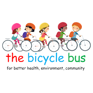 Five children with helmets on bikes. Primary coloured words &#039;The Bicycle Bus&#039;.