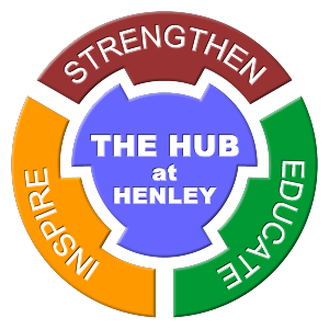 Multi coloured circle with purple center with the text &#039;Hub and Henley&#039; in white.