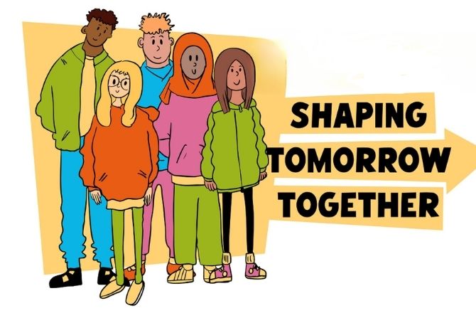 Illustration of a group of young people with the text 'shaping tomorrow together'