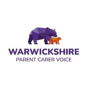 Purple bear with a smaller orange bear with brand text underneither "Warwickshire parent carer voice