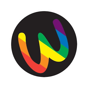 Warwickshire pride logo. Rounded W with rainbow colours in a black circle.