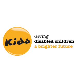 Orange circle with black text &#039;Kids&#039;. and next the text in black &#039;Giving disabled children a brighter future&#039;