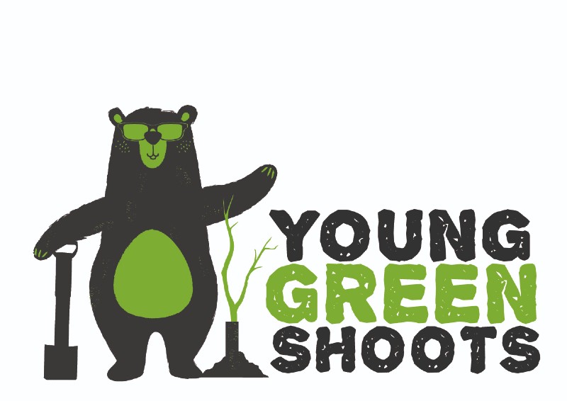 illustration of a bear with a green stomach patch with a shovel and small sapling. the words read Young green shoots.