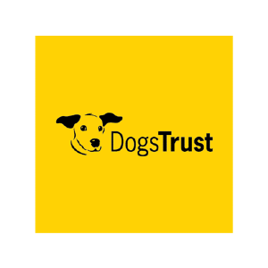 Yellow square with outline of a jack russel and the text 'Dogs Trust'