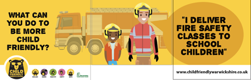 The design for the fire truck - What can you do to be more child friendly? A firefighter and a young child in a helmet: "I deliver fire safety classes to school children."