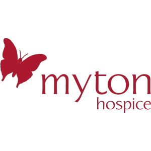 Red butterfly followed by charity name 'Myton Hospice'