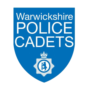 light blue sheild with text &#039; Warwickshir ePolice Cadets&#039; and the bear and ragged staff emblem.