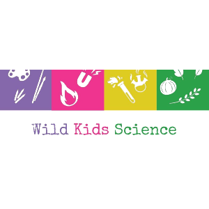 Wild kids science logo with four coloured block, purple, pink, yellow and green, above.