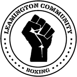 Illustrated clenched fist in a circle with text wrapped around &#039;Leamington Community Boxing&#039;