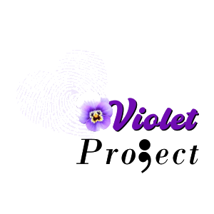 Violet project logo with purple finger prints overlapping to make a love heart shape.